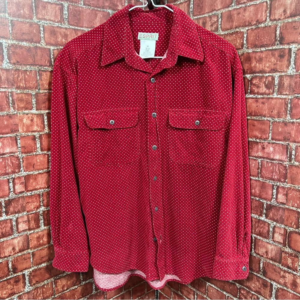 Esprit long sleeve button down red white polka dot corduroy shirt women Sz.Med